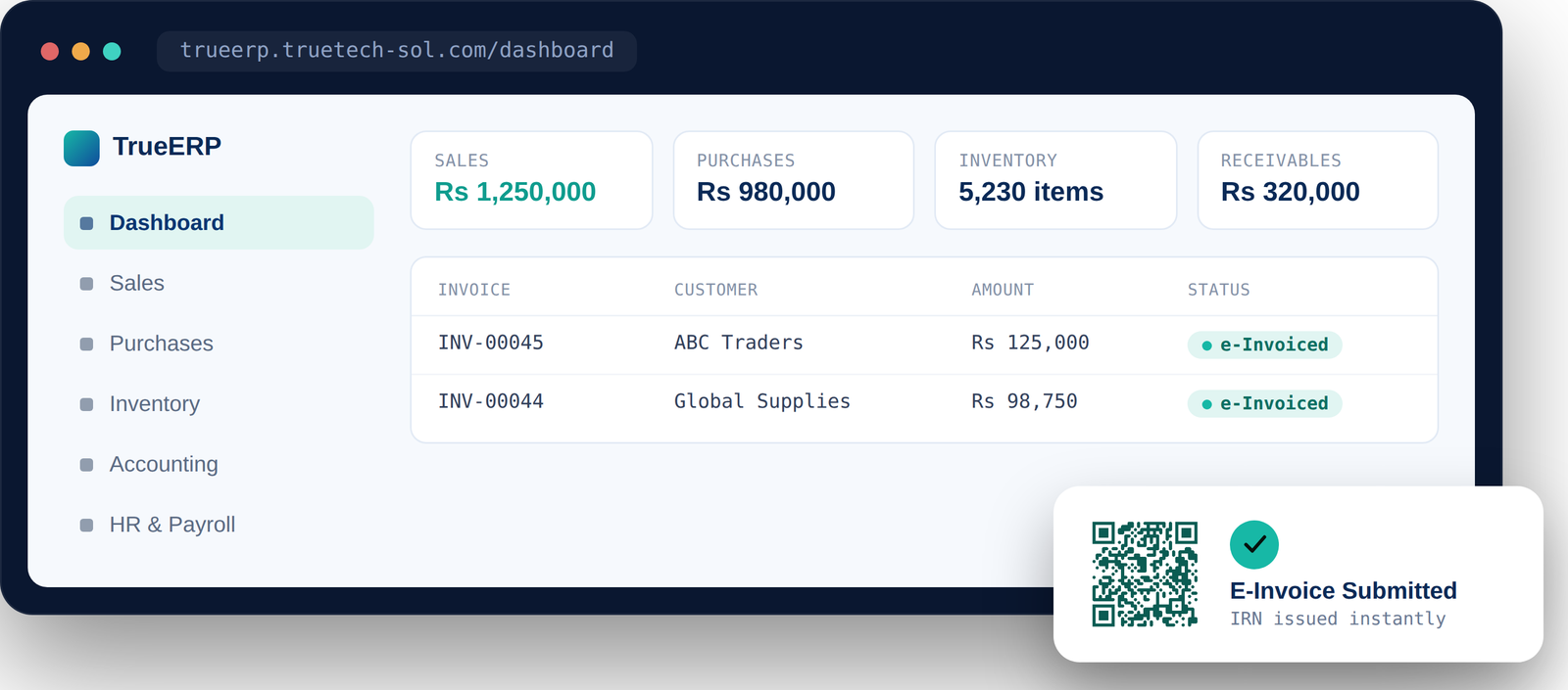 TrueERP dashboard mockup with a real QR code