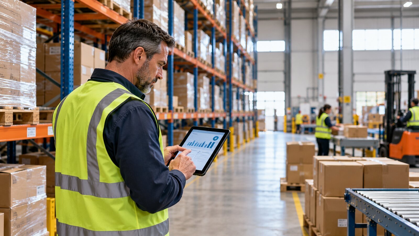 A warehouse manager reviews stock levels on a tablet in a busy distribution warehouse.