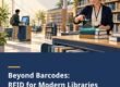 A librarian uses an RFID reader beside books while a patron uses a self-service kiosk in a modern library.