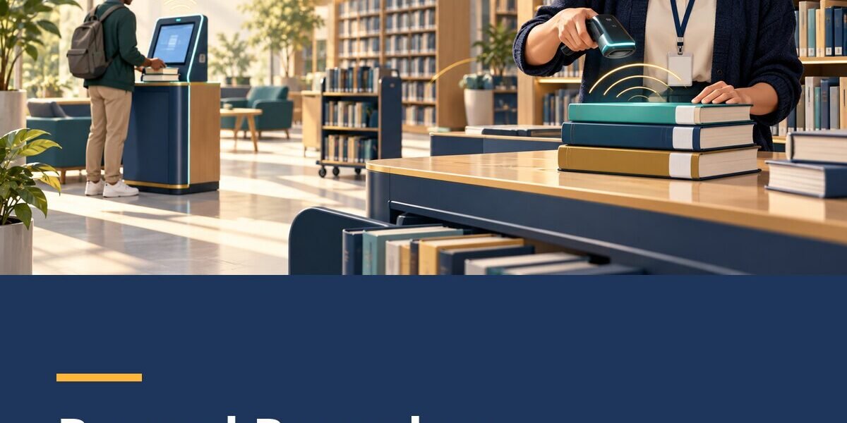 A librarian uses an RFID reader beside books while a patron uses a self-service kiosk in a modern library.