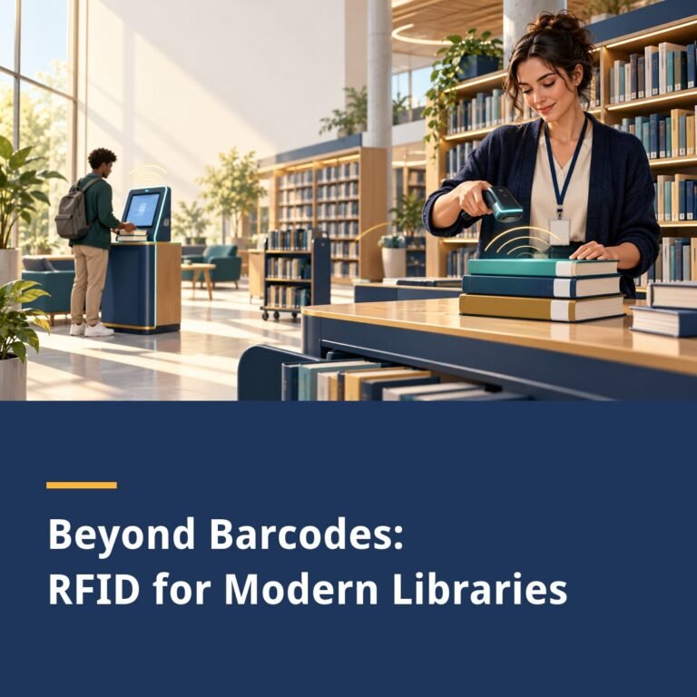 A librarian uses an RFID reader beside books while a patron uses a self-service kiosk in a modern library.