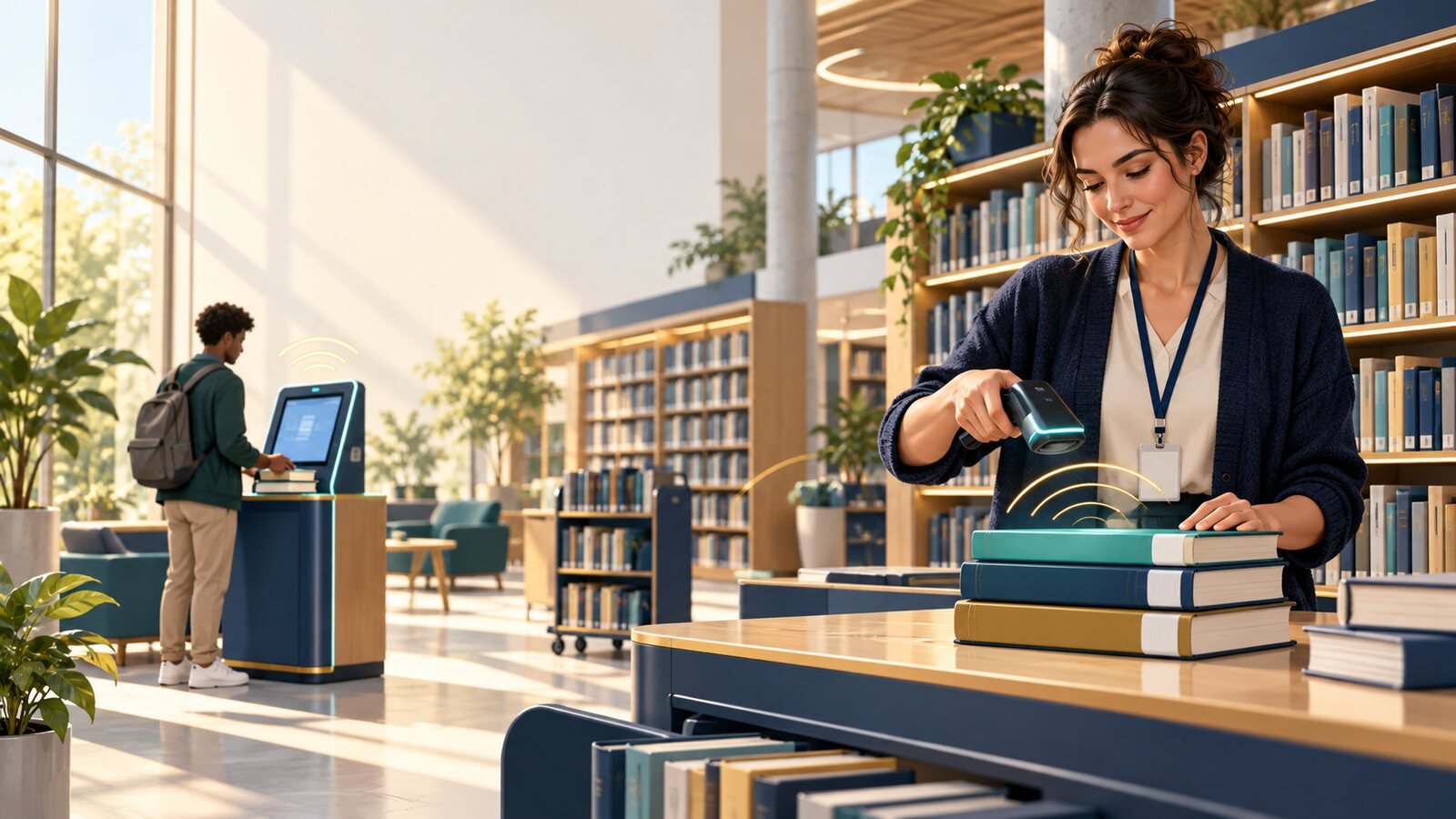 A librarian uses an RFID reader beside books while a patron uses a self-service kiosk in a modern library.