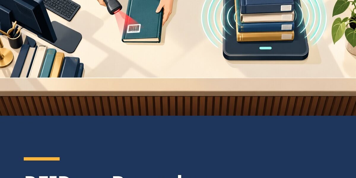 rfid-vs-barcode-square A barcode scan and an RFID reader are shown side by side at a library circulation desk.
