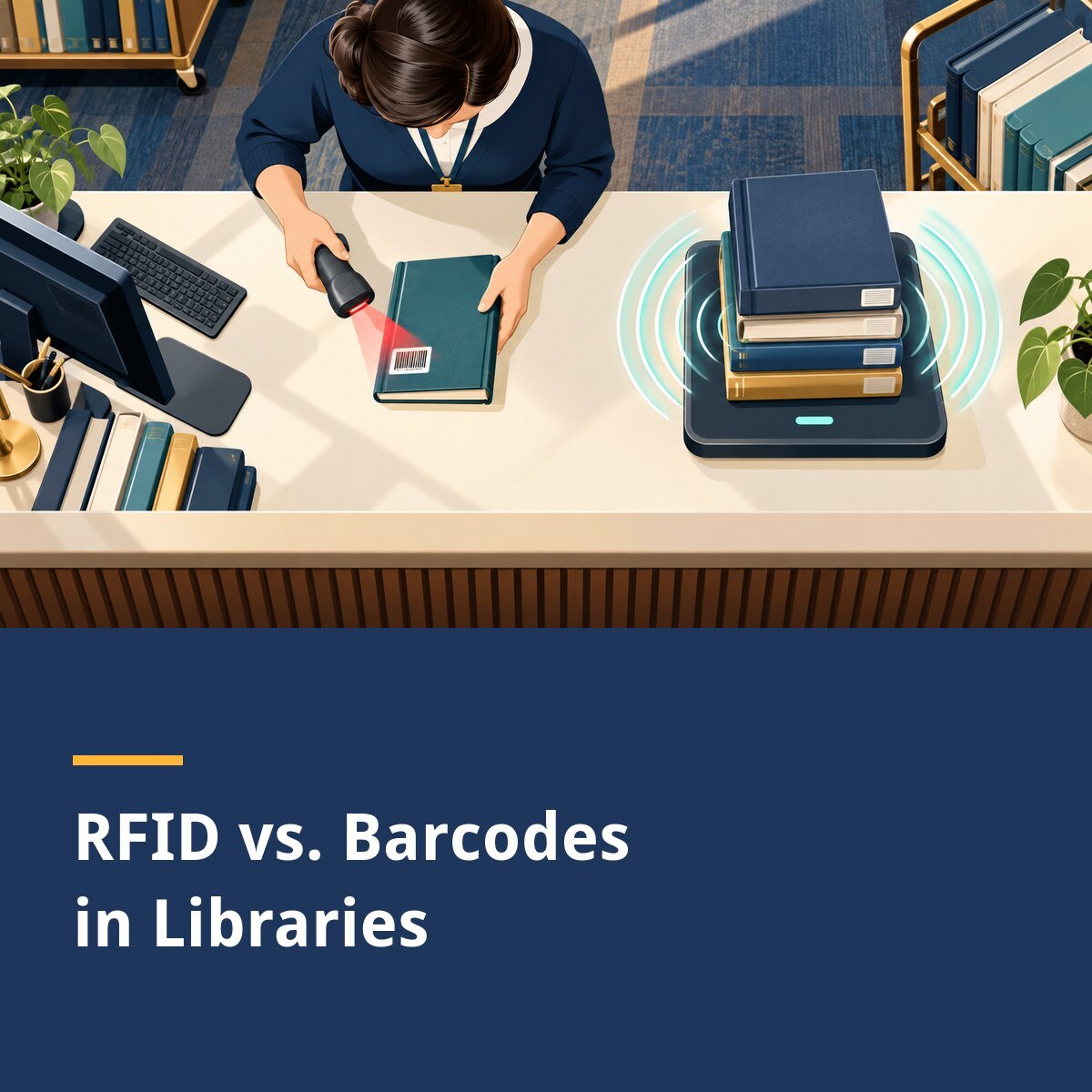 A barcode scan and an RFID reader are shown side by side at a library circulation desk.