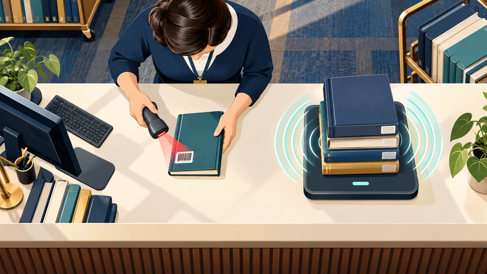 A barcode scan and an RFID reader are shown side by side at a library circulation desk.